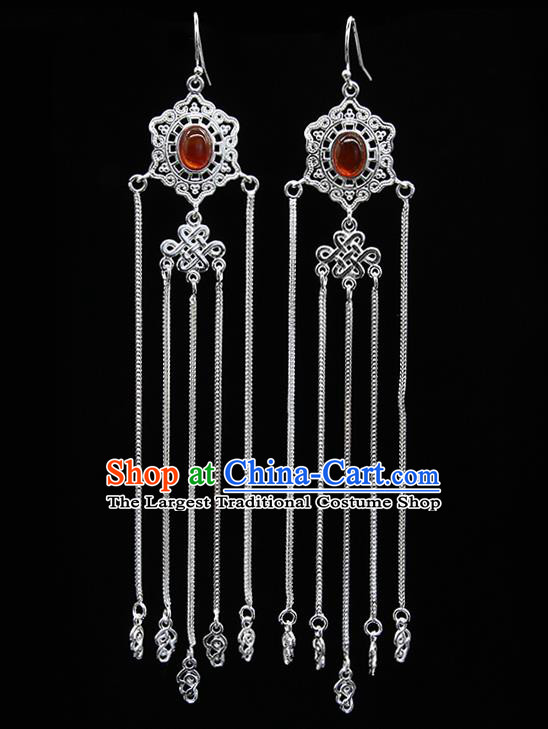 Chinese Traditional Mongolion Ethnic Wedding Sliver Tassel Ear Accessories Mongol Nationality Agate Earrings for Women