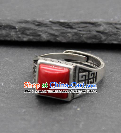 Chinese Traditional Tibetan Ethnic Red Stone Rings Handmade Zang Nationality Sliver Finger Ring for Men