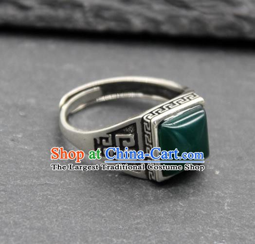 Chinese Traditional Tibetan Ethnic Green Stone Rings Handmade Zang Nationality Sliver Finger Ring for Men