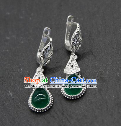 Chinese Traditional Ethnic Wedding Green Agate Ear Accessories Mongolion Nationality Earrings for Women