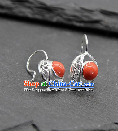 Chinese Traditional Tibetan Ethnic Coral Stone Ear Accessories Zang Nationality Earrings for Women