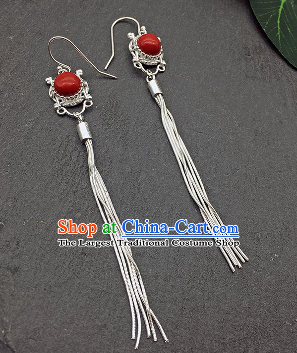 Chinese Traditional Tibetan Ethnic Red Sliver Long Tassel Ear Accessories Zang Nationality Earrings for Women