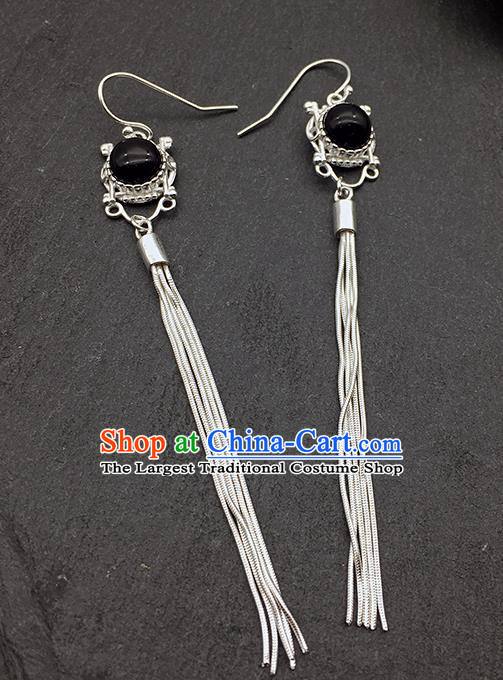 Chinese Traditional Tibetan Ethnic Black Sliver Long Tassel Ear Accessories Zang Nationality Earrings for Women