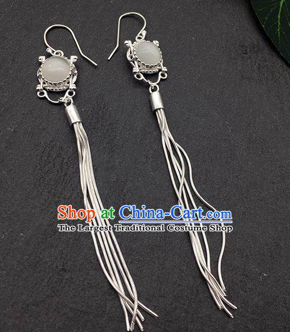 Chinese Traditional Tibetan Ethnic Opal Sliver Long Tassel Ear Accessories Zang Nationality Earrings for Women