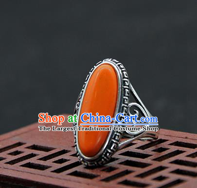 Chinese Traditional Ethnic Coral Stone Rings Handmade Tibetan Nationality Sliver Finger Ring for Women