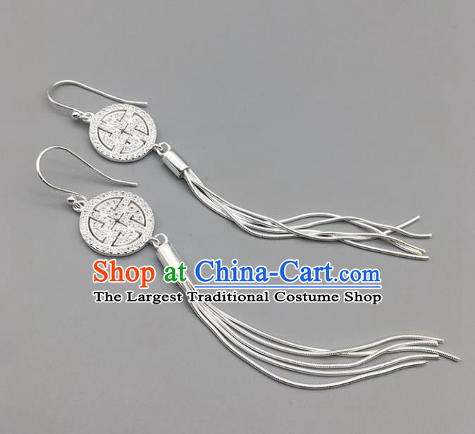 Chinese Traditional Tibetan Ethnic Sliver Long Tassel Ear Accessories Zang Nationality Earrings for Women