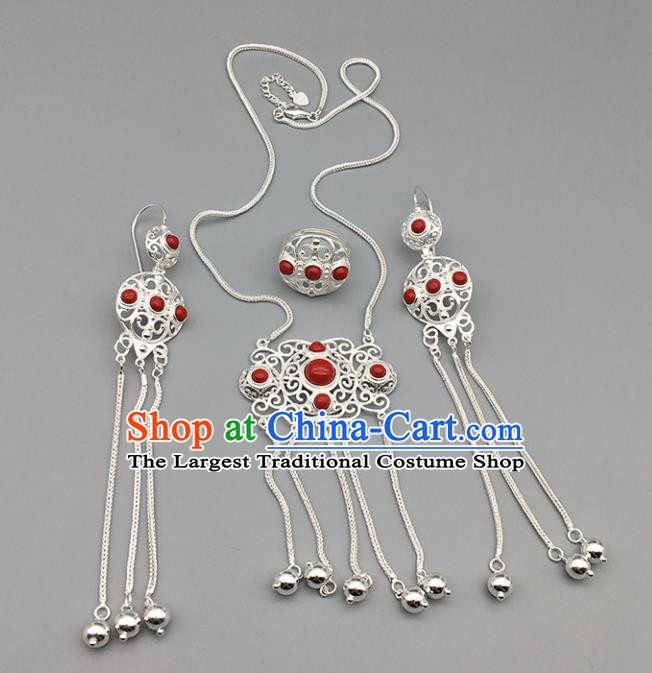 Chinese Traditional Mongolian Ethnic Sliver Accessories Mongol Nationality Red Necklace and Earrings Ring for Women