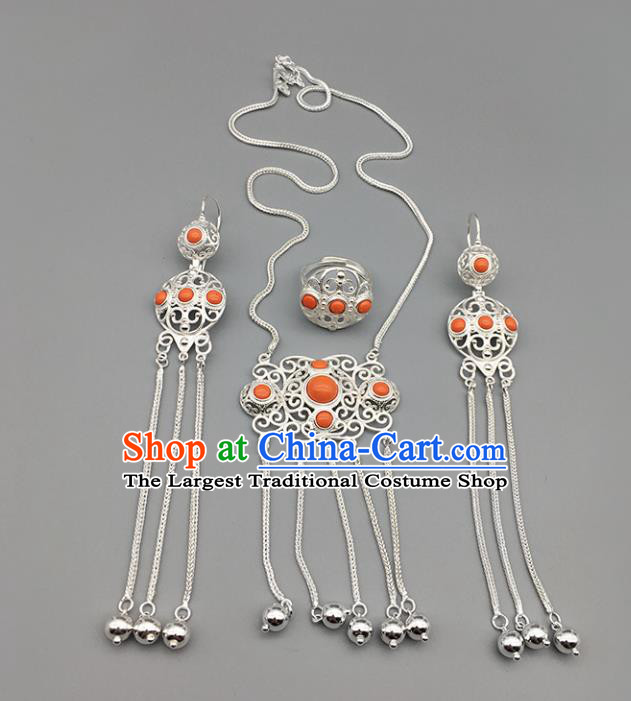 Chinese Traditional Mongolian Ethnic Sliver Accessories Mongol Nationality Coral Stone Necklace and Earrings Ring for Women