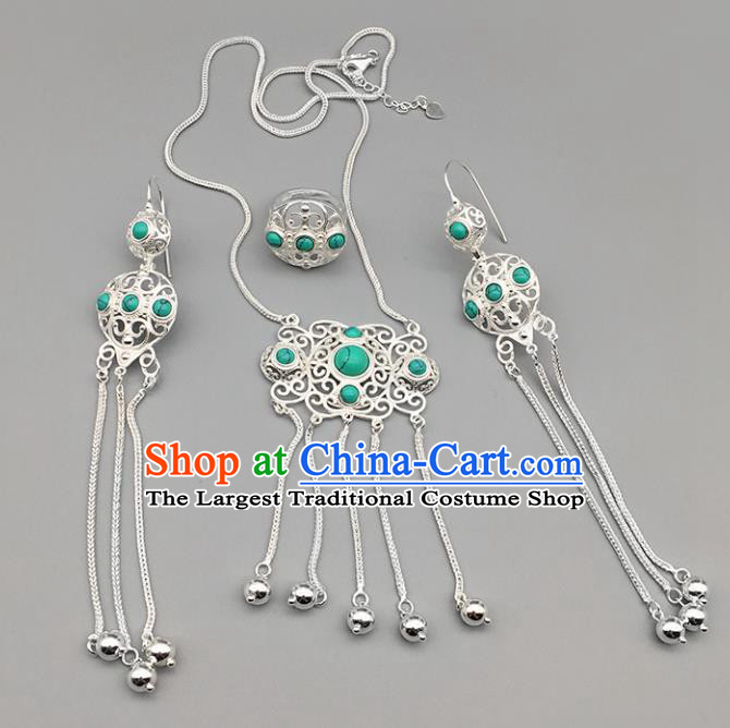 Chinese Traditional Mongolian Ethnic Sliver Accessories Mongol Nationality Kallaite Necklace and Earrings Ring for Women