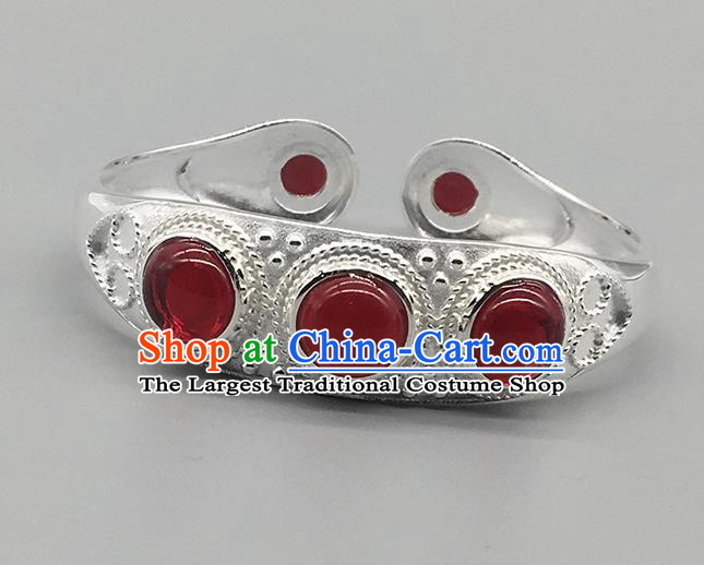 Chinese Traditional Ethnic Agate Bracelet Handmade Mongolian Nationality Sliver Bangle for Women