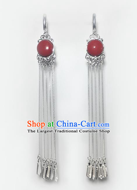 Chinese Traditional Mongolian Ethnic Accessories Mongol Nationality Red Sliver Tassel Earrings for Women