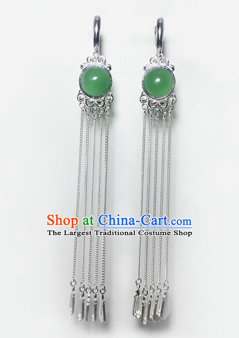 Chinese Traditional Mongolian Ethnic Accessories Mongol Nationality Green Agate Sliver Tassel Earrings for Women