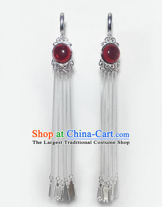Chinese Traditional Mongolian Ethnic Accessories Mongol Nationality Garnet Sliver Tassel Earrings for Women