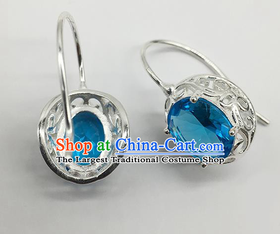 Chinese Traditional Mongolian Ethnic Accessories Mongol Nationality Blue Crystal Earrings for Women