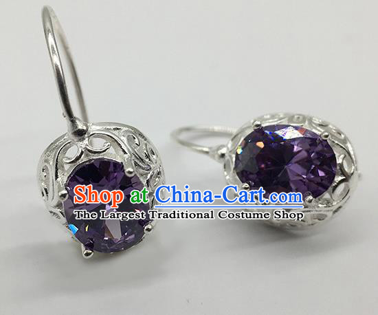 Chinese Traditional Mongolian Ethnic Accessories Mongol Nationality Purple Crystal Earrings for Women