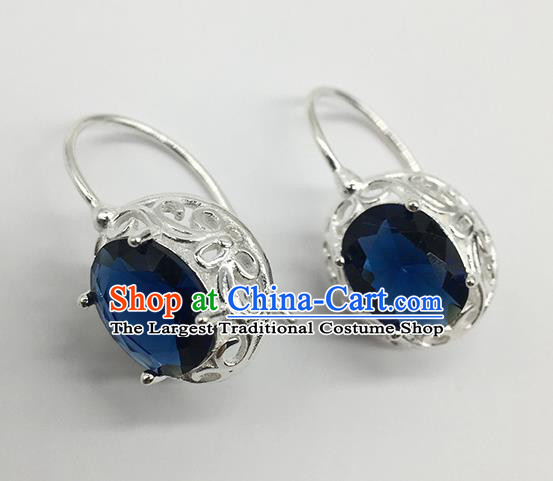 Chinese Traditional Mongolian Ethnic Accessories Mongol Nationality Royalblue Crystal Earrings for Women