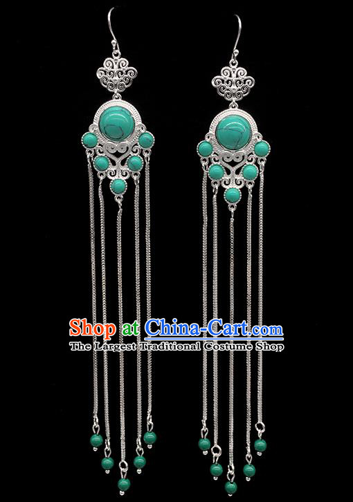 Chinese Traditional Mongolian Ethnic Sliver Accessories Mongol Nationality Green Earrings for Women