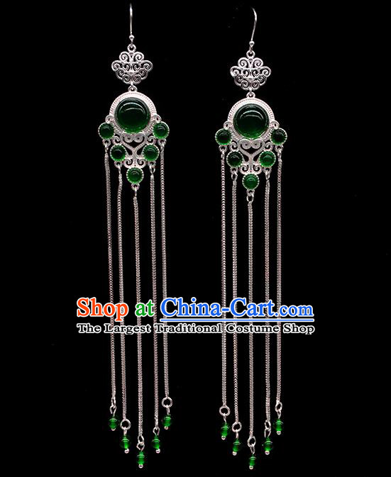 Chinese Traditional Mongolian Ethnic Sliver Accessories Mongol Nationality Green Agate Earrings for Women