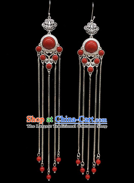 Chinese Traditional Mongolian Ethnic Sliver Accessories Mongol Nationality Red Earrings for Women