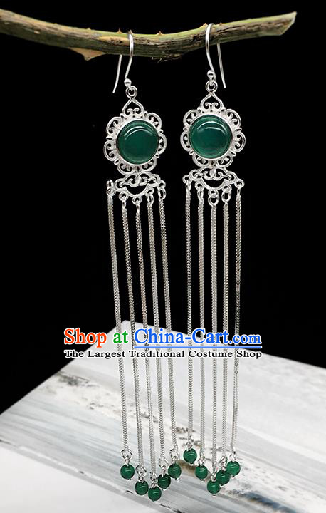 Traditional Chinese Mongolian Ethnic Green Agate Earring Mongol Nationality Sliver Tassel Ear Accessories for Women