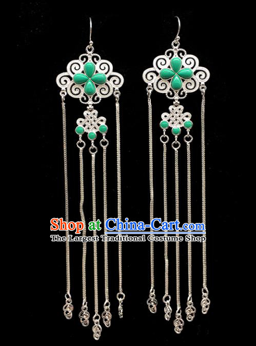 Traditional Chinese Mongolian Ethnic Sliver Tassel Earring Mongol Nationality Green Ear Accessories for Women