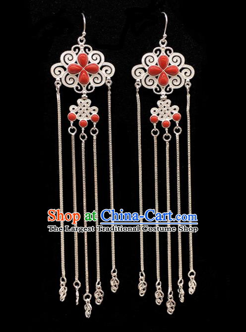 Traditional Chinese Mongolian Ethnic Sliver Tassel Earring Mongol Nationality Red Ear Accessories for Women