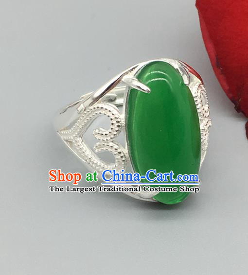 Chinese Traditional Ethnic Green Agate Rings Handmade Zang Nationality Sliver Finger Ring for Women