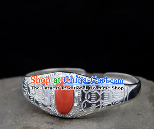 Chinese Traditional Ethnic Coral Stone Bracelet Handmade Zang Nationality Sliver Bangle for Women