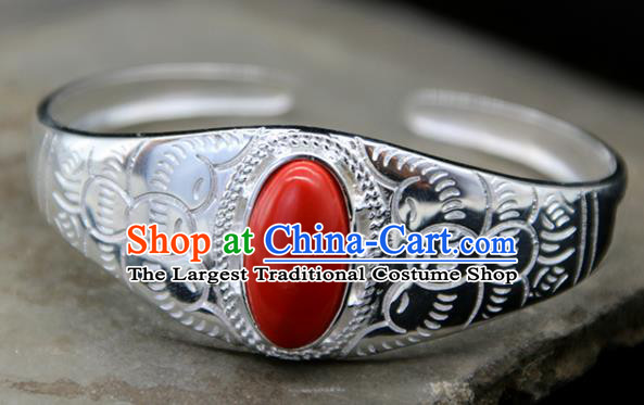Chinese Traditional Ethnic Red Bracelet Handmade Zang Nationality Sliver Bangle for Women