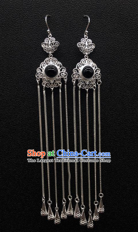 Traditional Chinese Mongolian Ethnic Sliver Tassel Earring Mongol Nationality Black Stone Ear Accessories for Women