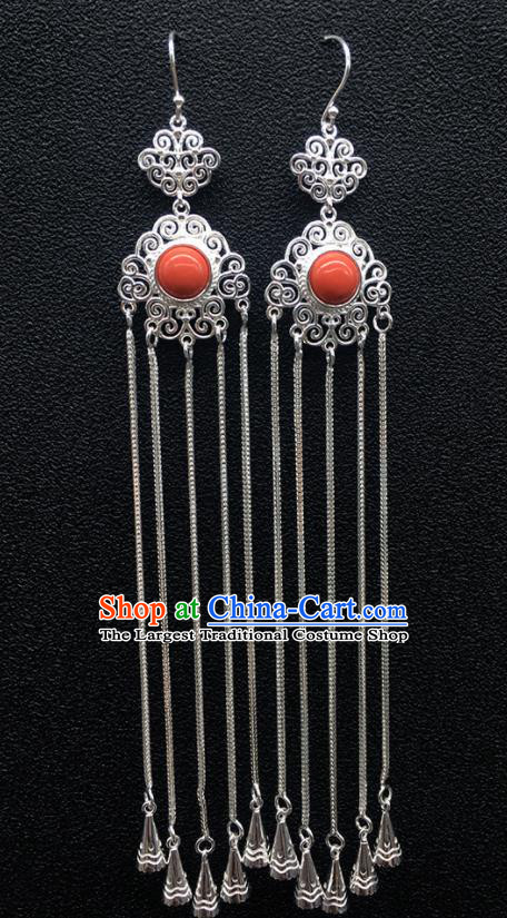Traditional Chinese Mongolian Ethnic Sliver Tassel Earring Mongol Nationality Coral Stone Ear Accessories for Women