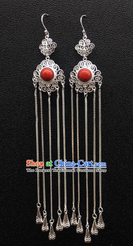 Traditional Chinese Mongolian Ethnic Sliver Tassel Earring Mongol Nationality Red Stone Ear Accessories for Women