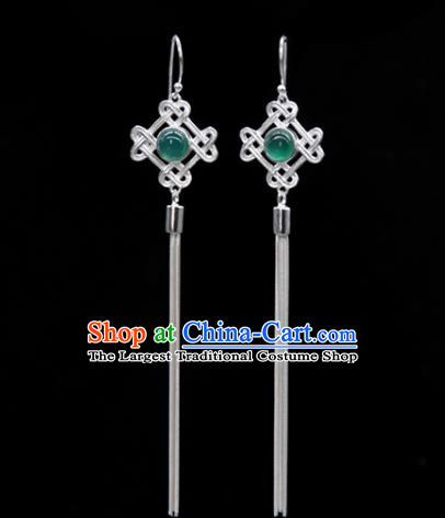 Traditional Chinese Mongolian Ethnic Green Agate Earring Mongol Nationality Sliver Ear Accessories for Women