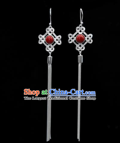 Traditional Chinese Mongolian Ethnic Red Stone Earring Mongol Nationality Sliver Ear Accessories for Women