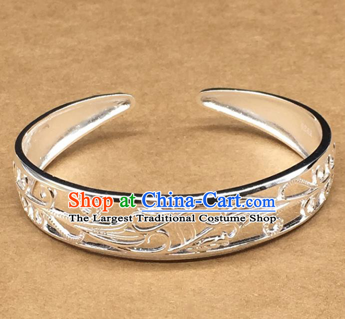 Traditional Chinese Mongolian Ethnic Carving Bracelet Mongol Nationality Sliver Bangle Accessories for Women