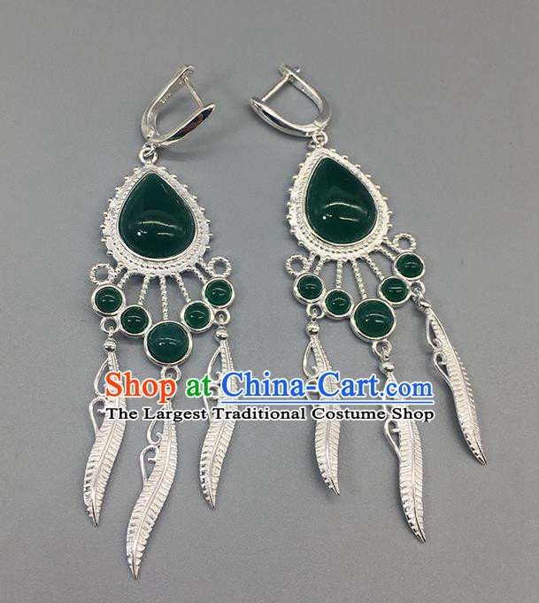Traditional Chinese Mongolian Green Agate Earring Mongol Nationality Ethnic Sliver Ear Accessories for Women