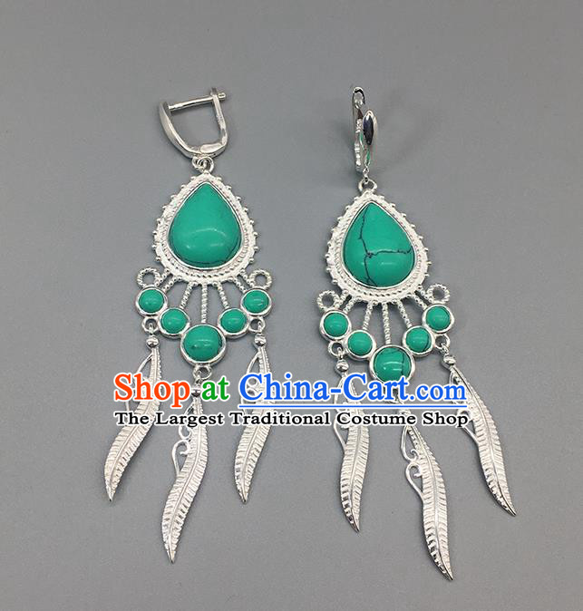 Traditional Chinese Mongolian Kallaite Earring Mongol Nationality Ethnic Sliver Ear Accessories for Women