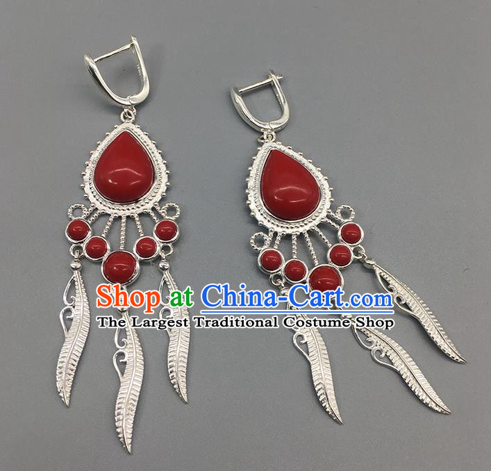 Traditional Chinese Mongolian Red Stone Earring Mongol Nationality Ethnic Sliver Ear Accessories for Women