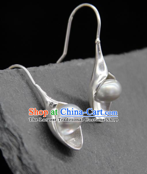 Traditional Chinese Mongolian Pearl Earring Mongol Nationality Ethnic Sliver Ear Accessories for Women