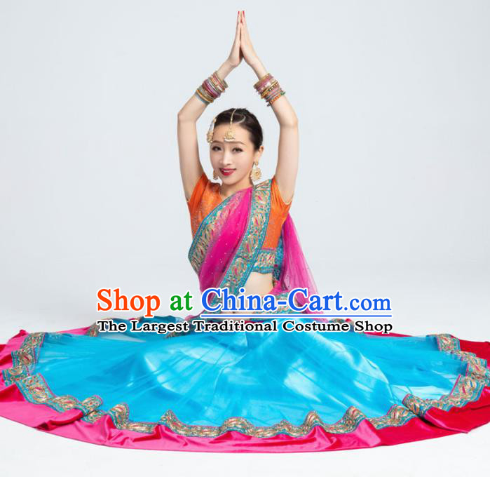Asian India Traditional Bollywood Costumes South Asia Indian Belly Dance Blue Dress for Women