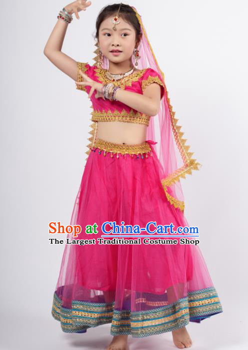 Asian India Rosy Sari Traditional Bollywood Costumes South Asia Indian Princess Belly Dance Dress for Kids