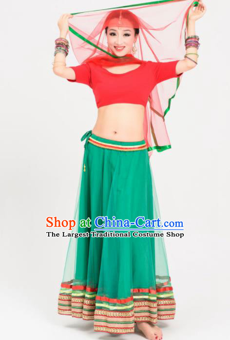 Asian India Traditional Sari Bollywood Belly Dance Costumes South Asia Indian Princess Green Veil Dress for Women