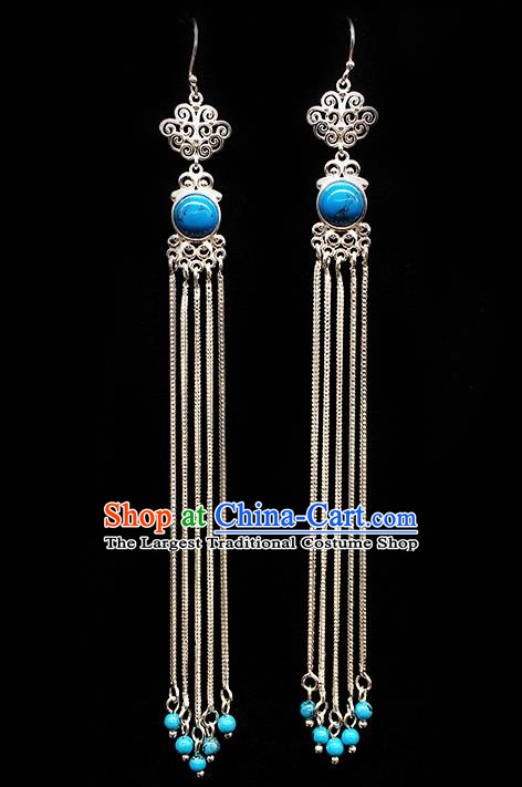 Traditional Chinese Mongolian Ethnic Long Tassel Earring Mongol Nationality Blue Stone Ear Accessories for Women