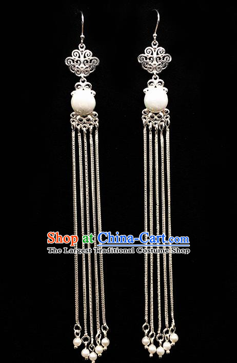 Traditional Chinese Mongolian Ethnic Long Tassel Earring Mongol Nationality White Bead Ear Accessories for Women