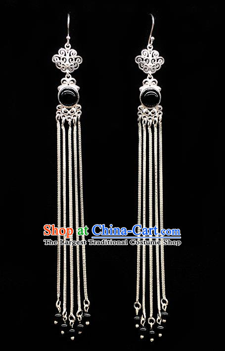 Traditional Chinese Mongolian Ethnic Long Tassel Earring Mongol Nationality Black Bead Ear Accessories for Women