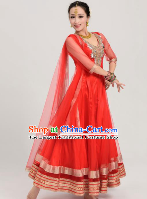 Asian India Traditional Bollywood Costumes South Asia Indian Belly Dance Red Veil Sari Dress for Women