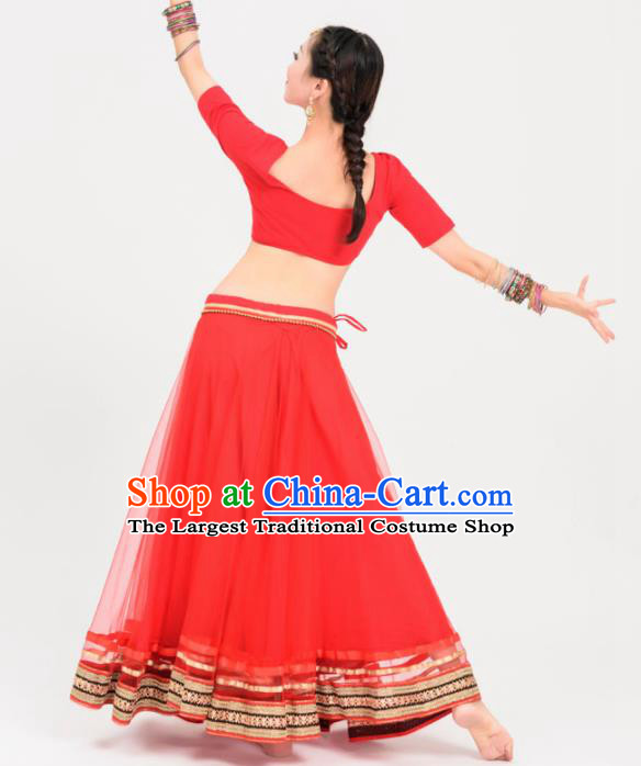 Asian India Princess Traditional Oriental Bollywood Costumes South Asia Indian Belly Dance Red Veil Sari Dress for Women