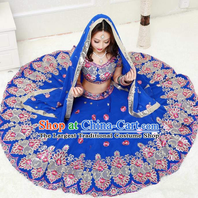 Asian India Princess Traditional Oriental Bollywood Royalblue Costumes South Asia Indian Belly Dance Sari Dress for Women