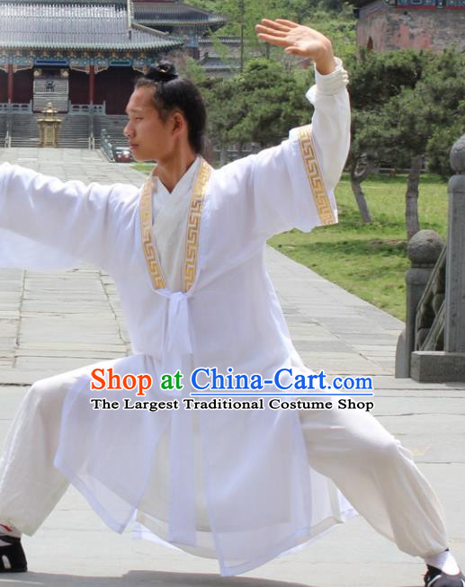 Asian Chinese Traditional Martial Arts Kung Fu Costume Taoist Priest Tai Ji White Robe for Men