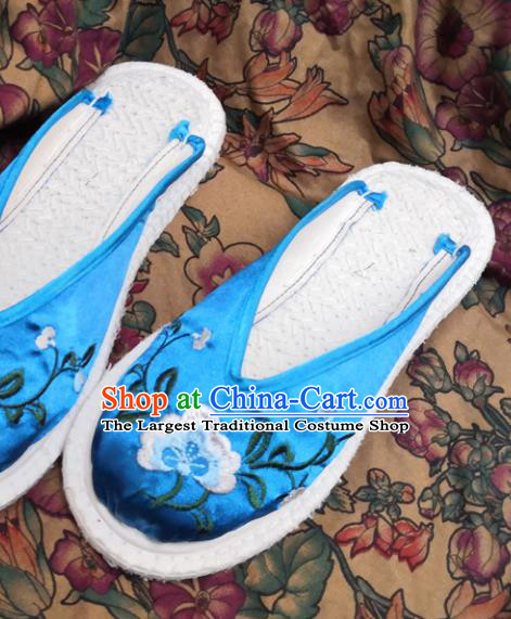 Chinese Ancient Princess Shoes Traditional Blue Satin Slippers Hanfu Shoes Embroidered Shoes for Women